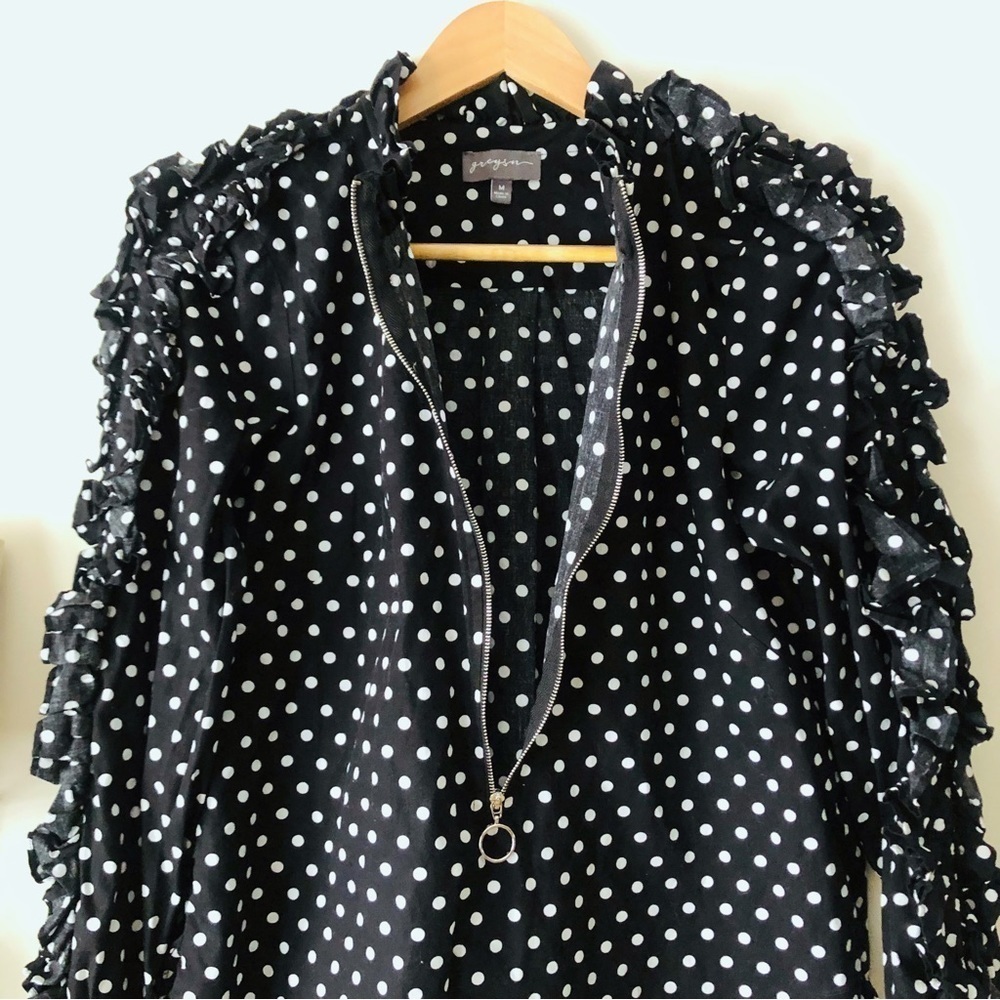 Greysn Black and White Polka Dot Ruffle Sleeve Zip Up Cotton Blouse Size Medium - Picture 6 of 11